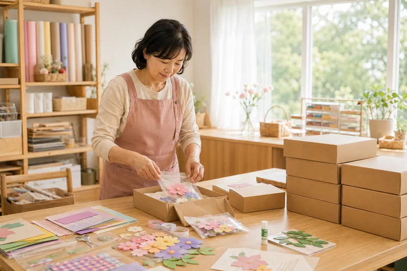작업실에서 종이 꽃과 색지를 크라프트 키트 상자에 담고 있는 대표의 모습